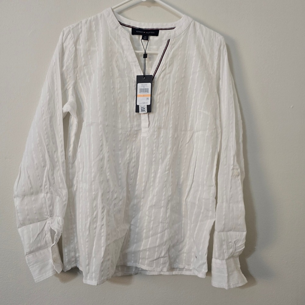 Tommy Hilfiger Shirt Long Sleeve Pullover V Neck Womens Small NWT White